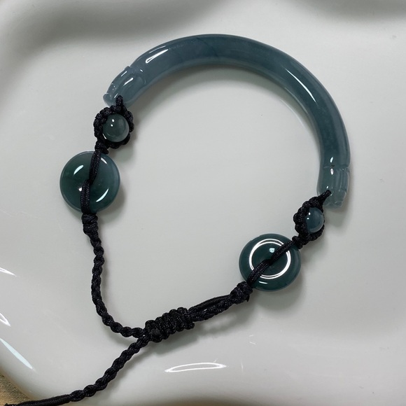 Natural Blue Water Jade BraceletPolished Jadeite BeadsAdjustable Hand-Knot